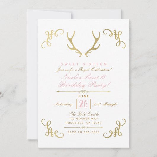 Invitation Bois de cerf rustique feuille dorée Fête Sweet 16 (Devant)