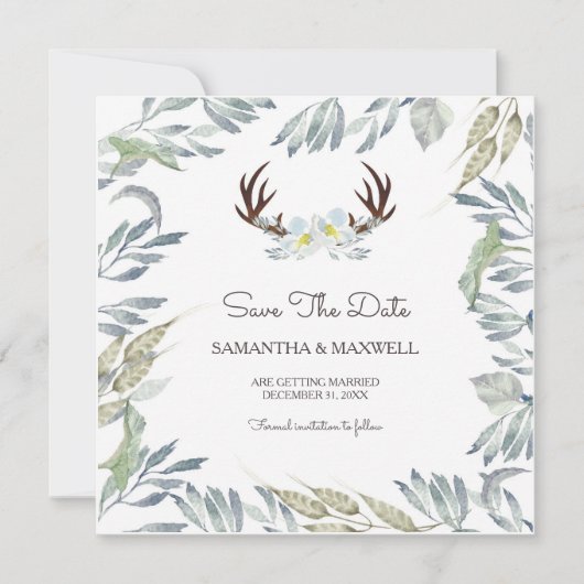 Invitation Bois de cerf & verdure Enregistrer la date, Bleu (Devant)