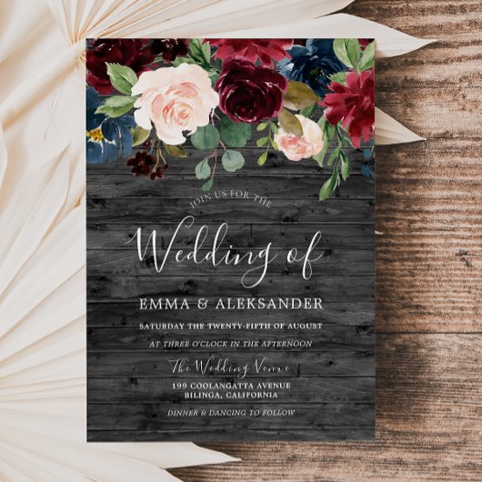 Invitation Bois de Charbon rustique Mariage de vin rouge Bour