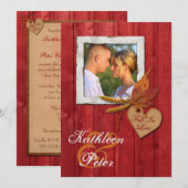 Invitation Bois de FAUX, feuille, coeur, mariage de PHOTO de (Devant / Derrière)