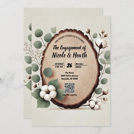 Invitation Bois de forêt Eucalyptus et Coton Fiançailles rust (Devant / Derrière)