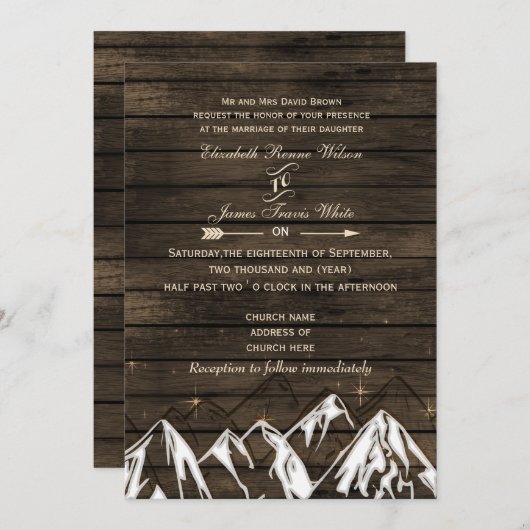 Invitation Bois de grange Camping Montagnes Rustiques Mariage (Devant / Derrière)