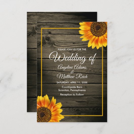 Invitation Bois de grange + Mariage de tournesol rustique (Devant / Derrière)