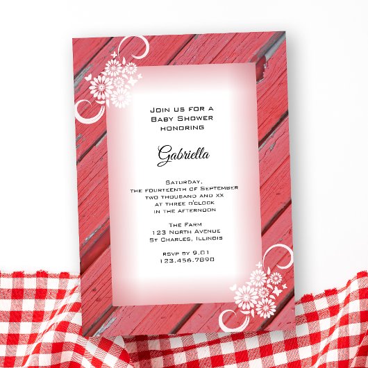 Invitation Bois de grange rouge avec Baby shower de fleurs