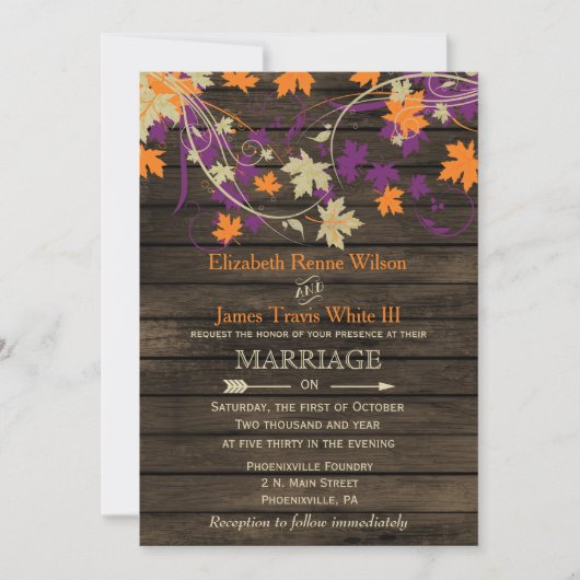 Invitation Bois de grange, Rustic Fall Plum feuille mariage (Devant)