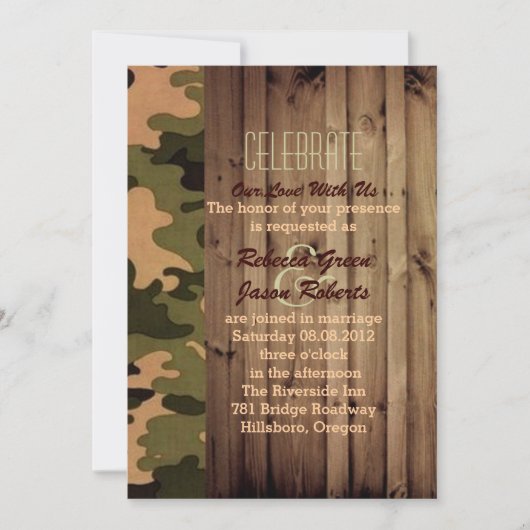 Invitation bois de grange rustique pays western Camo Mariage (Devant)