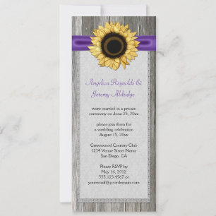 Invitation Bois de grange rustique Ruban de tournesol violet 