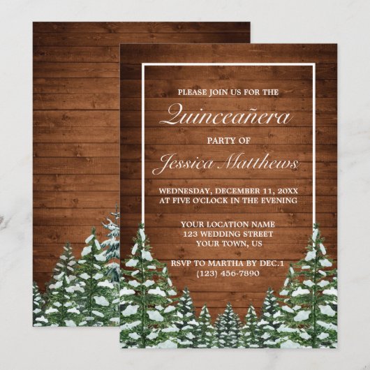 Invitation Bois de neige et forêt Pin rural Quinceañera (Devant / Derrière)