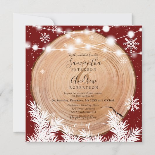 Invitation Bois de neige rustique bois rond rouge mariage pho (Devant)