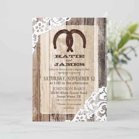 Invitation Bois dentelle en fer à cheval Mariage rustique (Debout devant)