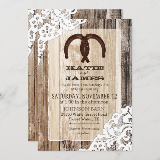 Invitation Bois dentelle en fer à cheval Mariage rustique (Devant / Derrière)