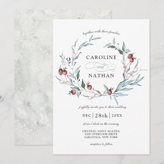 Invitation Bois d'hiver Aquarelle Botanique Mariage de couron (Devant / Derrière)