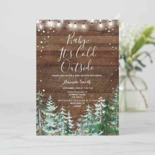 Invitation Bois d'hiver Bébé Il fait froid Baby shower extéri (Debout devant)