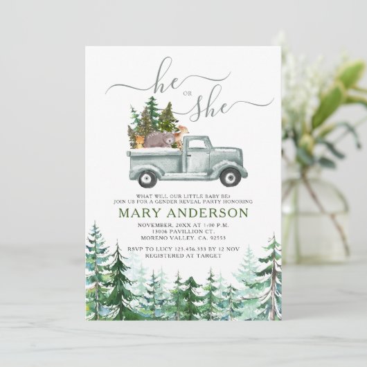 Invitation Bois d'hiver Forêt rustique Révélation de genre in (Debout devant)