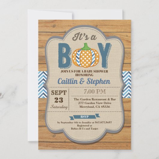 Invitation Bois d'invitation Citrouille pour bébé garçon (Devant)