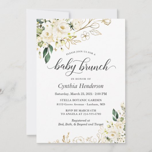 Invitation Bois d'ivoire Rose Baby shower Floral Brunch (Devant)