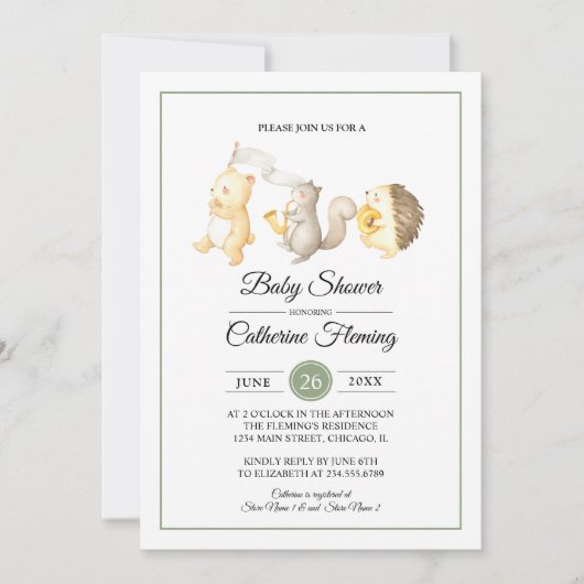 Invitation Bois doux Animaux Baby shower vert clair (Devant)