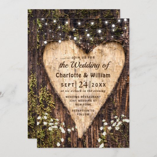 Invitation Bois écorce Bébé Coeur respiratoire Mariage rustiq (Devant / Derrière)