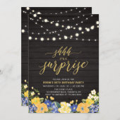 Invitation Bois et lampes à cordes Gold Surprise fête d'anniv (Devant / Derrière)