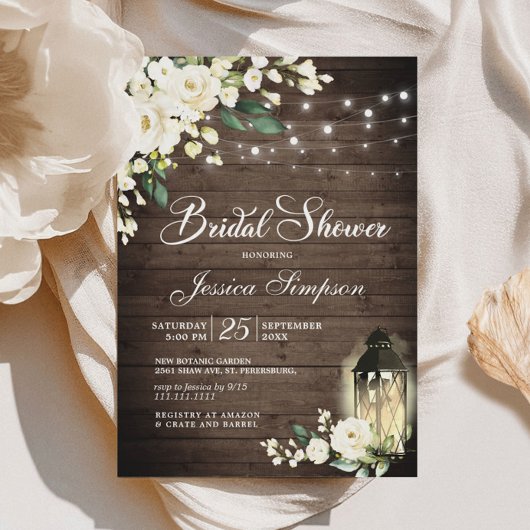 Invitation Bois et roses blanches Fête des mariées à lanterne