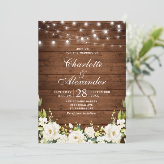 Invitation Bois et Roses blanches Verdure Aquarelle mariage (Debout devant)