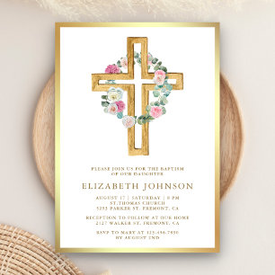 Invitation Bois Eucalyptus Rustique Floral Bois Croix Baptême