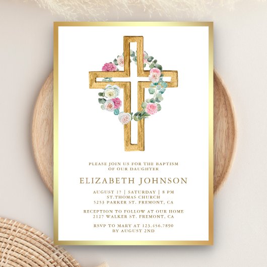 Invitation Bois Eucalyptus Rustique Floral Bois Croix Baptême