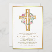 Invitation Bois Eucalyptus Rustique Floral Bois Croix Baptême (Devant)