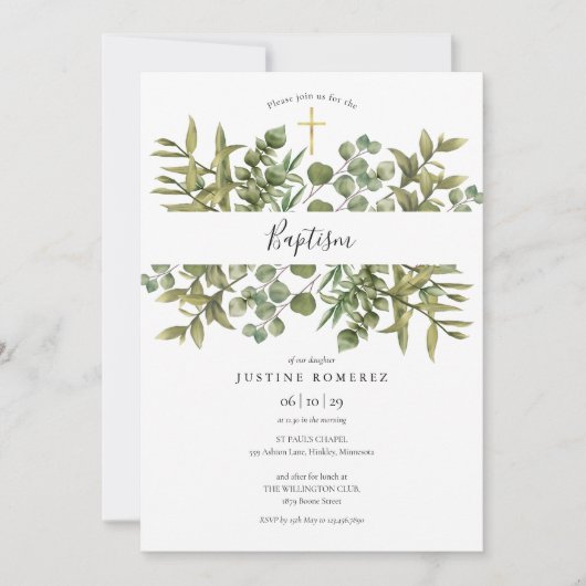 Invitation Bois Eucalyptus Verdure Baptême Christening (Devant)