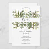 Invitation Bois Eucalyptus Verdure Baptême Christening (Devant / Derrière)