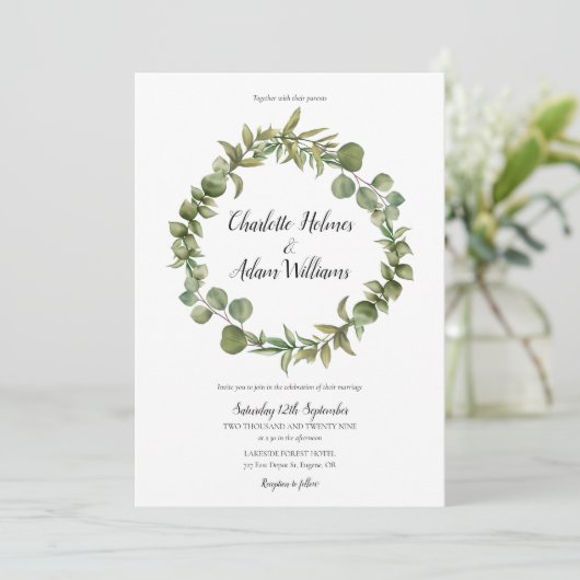 Invitation Bois Eucalyptus Vert Mariage Photo (Debout devant)