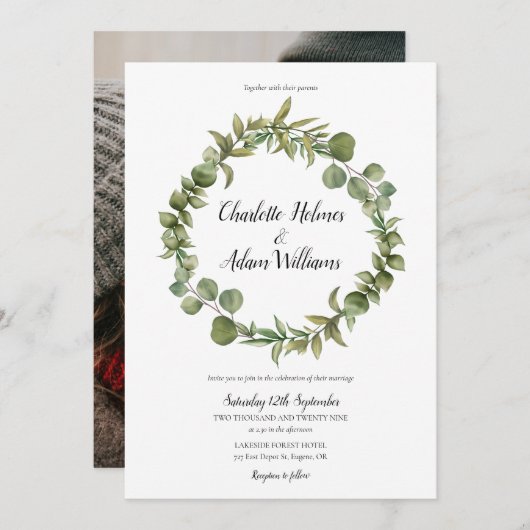 Invitation Bois Eucalyptus Vert Mariage Photo (Devant / Derrière)