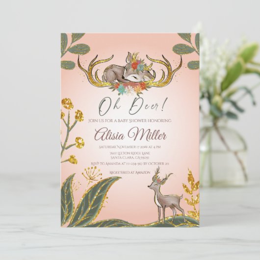 Invitation Bois Fantaisie Verdure Animaux de la Forêt Cerf  (Debout devant)