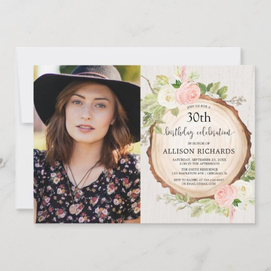 Invitation Bois fleurie rustique femme anniversaire photo (Devant)