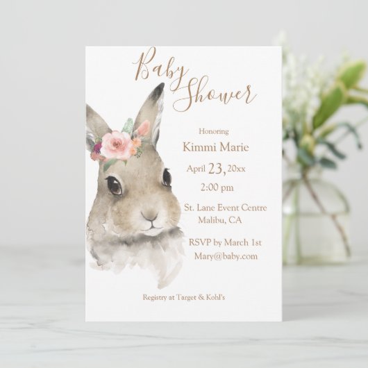 Invitation Bois Floral Bunny Aquarelle Script Baby (Debout devant)