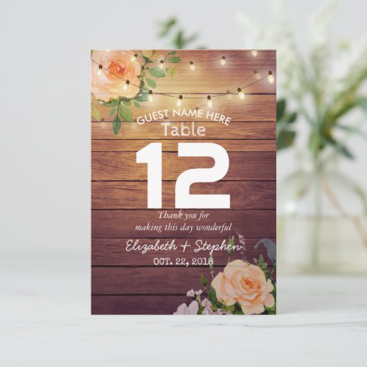 Invitation Bois Floral Chaîne Lumières Mariage Lieu Table No. (Debout devant)