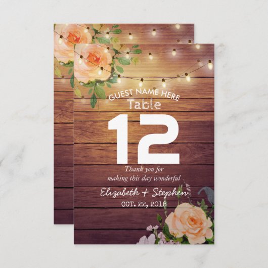 Invitation Bois Floral Chaîne Lumières Mariage Lieu Table No. (Devant / Derrière)