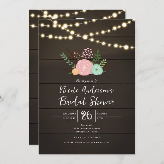 Invitation Bois foncé et fleurs rustiques DOUCHE EN BRIDAL In (Devant / Derrière)