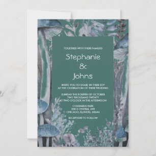 Invitation Bois foncé Turquoise vert bleu champignons Mariage