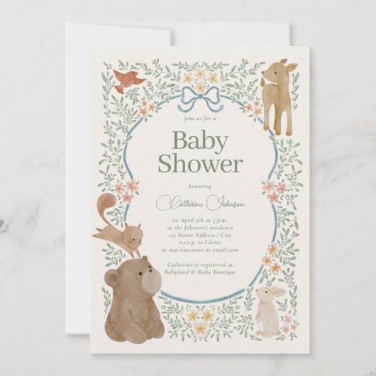 Invitation Bois Forêt Aquarelle Animaux Baby shower Garçon (Devant)
