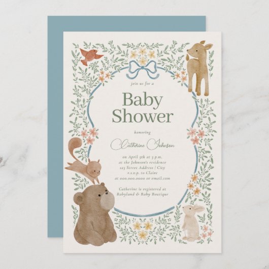 Invitation Bois Forêt Aquarelle Animaux Baby shower Garçon (Devant / Derrière)