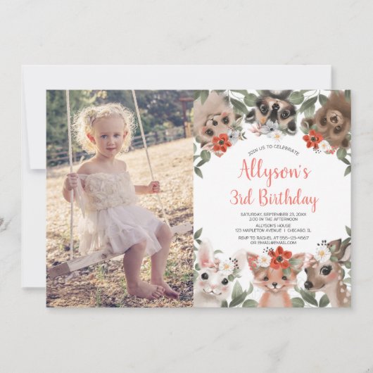 Invitation Bois forêt mignonette animaux filles photo d'anniv (Devant)