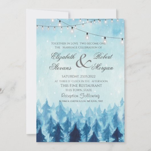 Invitation Bois, Forêt, Pins Mariage bleu (Devant)