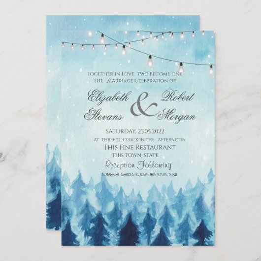 Invitation Bois, Forêt, Pins Mariage bleu (Devant / Derrière)