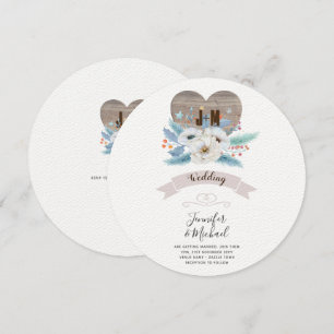 Invitation Bois gravé rustique Coeur Monogramme Chute Florale