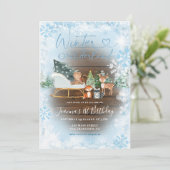 Invitation Bois Hiver Onederland Bleu Animal Anniversaire (Debout devant)