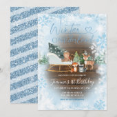Invitation Bois Hiver Onederland Bleu Animal Anniversaire (Devant / Derrière)