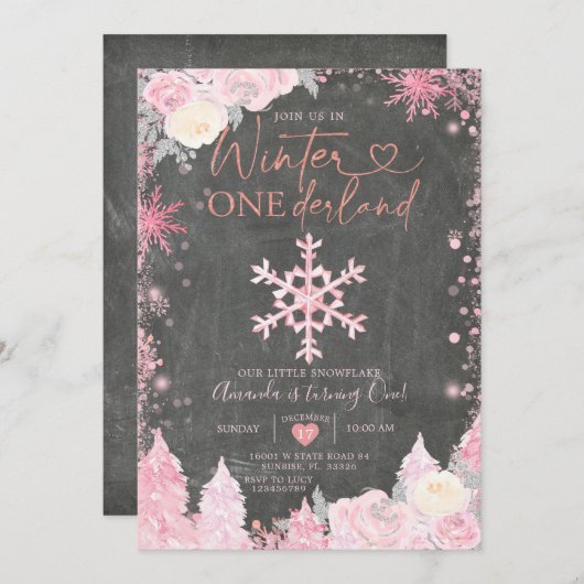 Invitation Bois Hiver Onederland Pink Snowflake Anniversaire (Devant / Derrière)