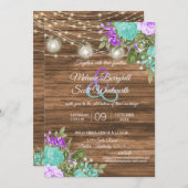 Invitation Bois, jarres de Mason et Turquoise, Fleur violet (Devant / Derrière)