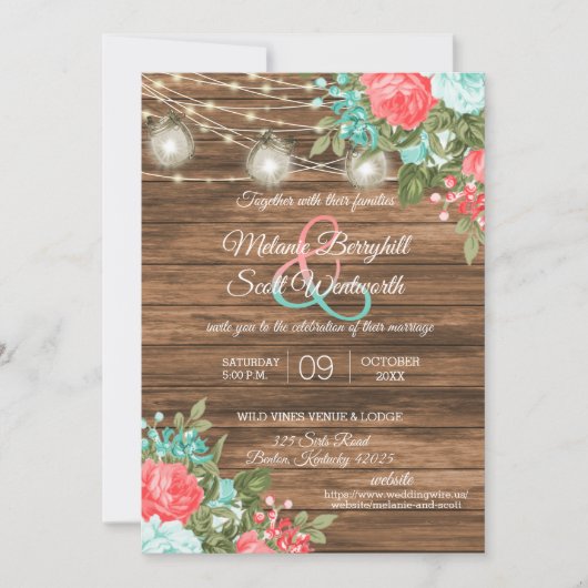 Invitation Bois, jarres de Mason et Turquoise, Mariage de fle (Devant)